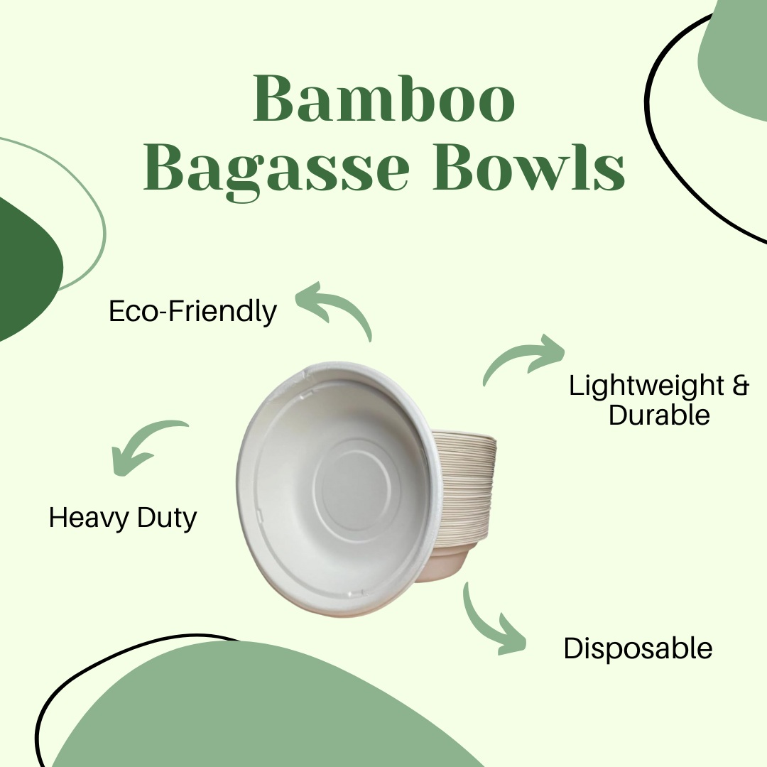 H&Co Bagasse Bowls, 20cm - 32 Oz, Bamboo Material, Heavy Duty, Pack of 50, Eco-Friendly, Hot or Cold Use