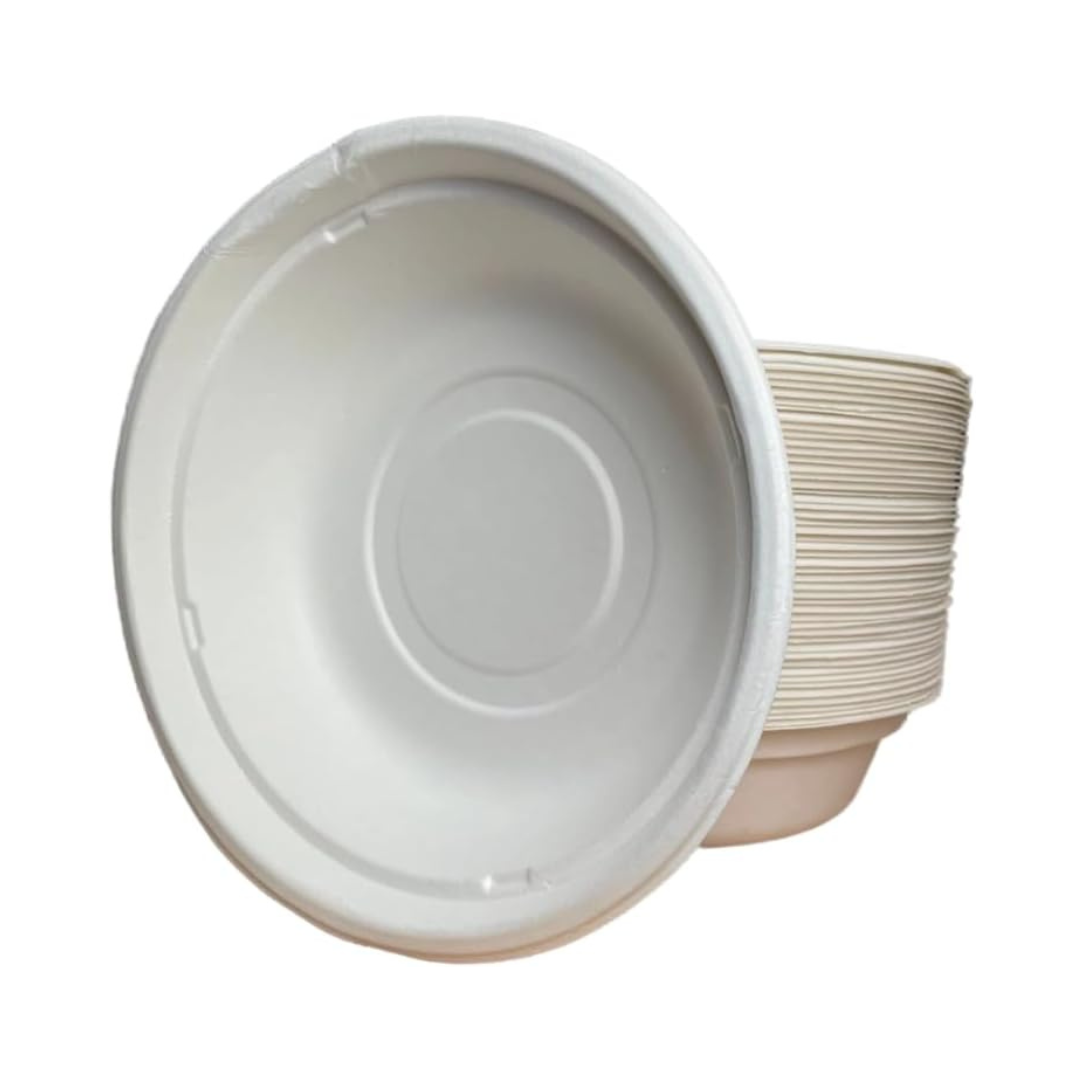 H&Co Bagasse Bowls, 20cm - 32 Oz, Bamboo Material, Heavy Duty, Pack of 50, Eco-Friendly, Hot or Cold Use