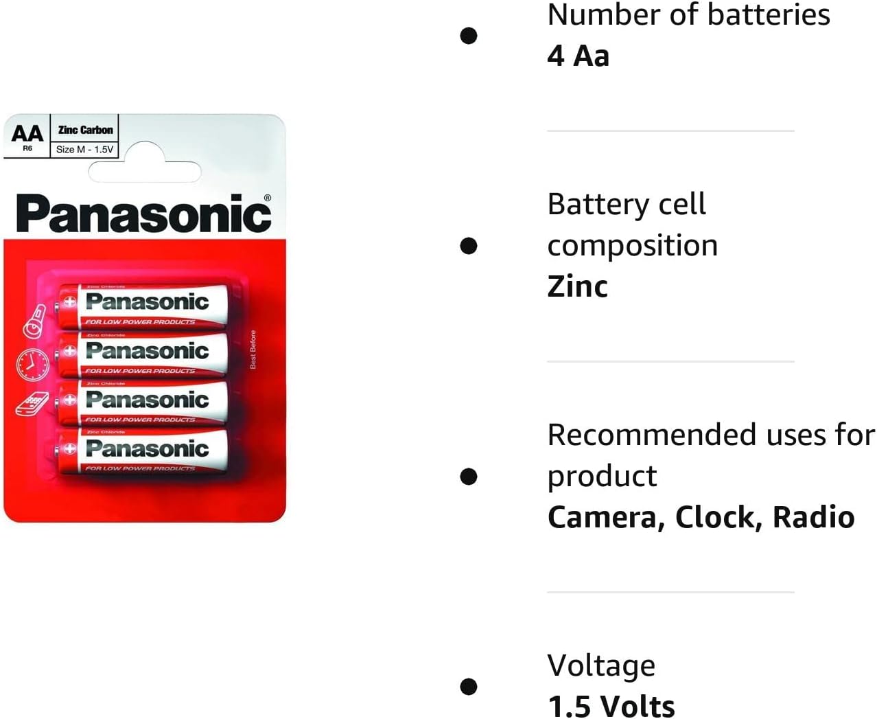 Panasonic AA Zinc Carbon R6 - 1.5 V Batteries MN1500 (Pack of 4)