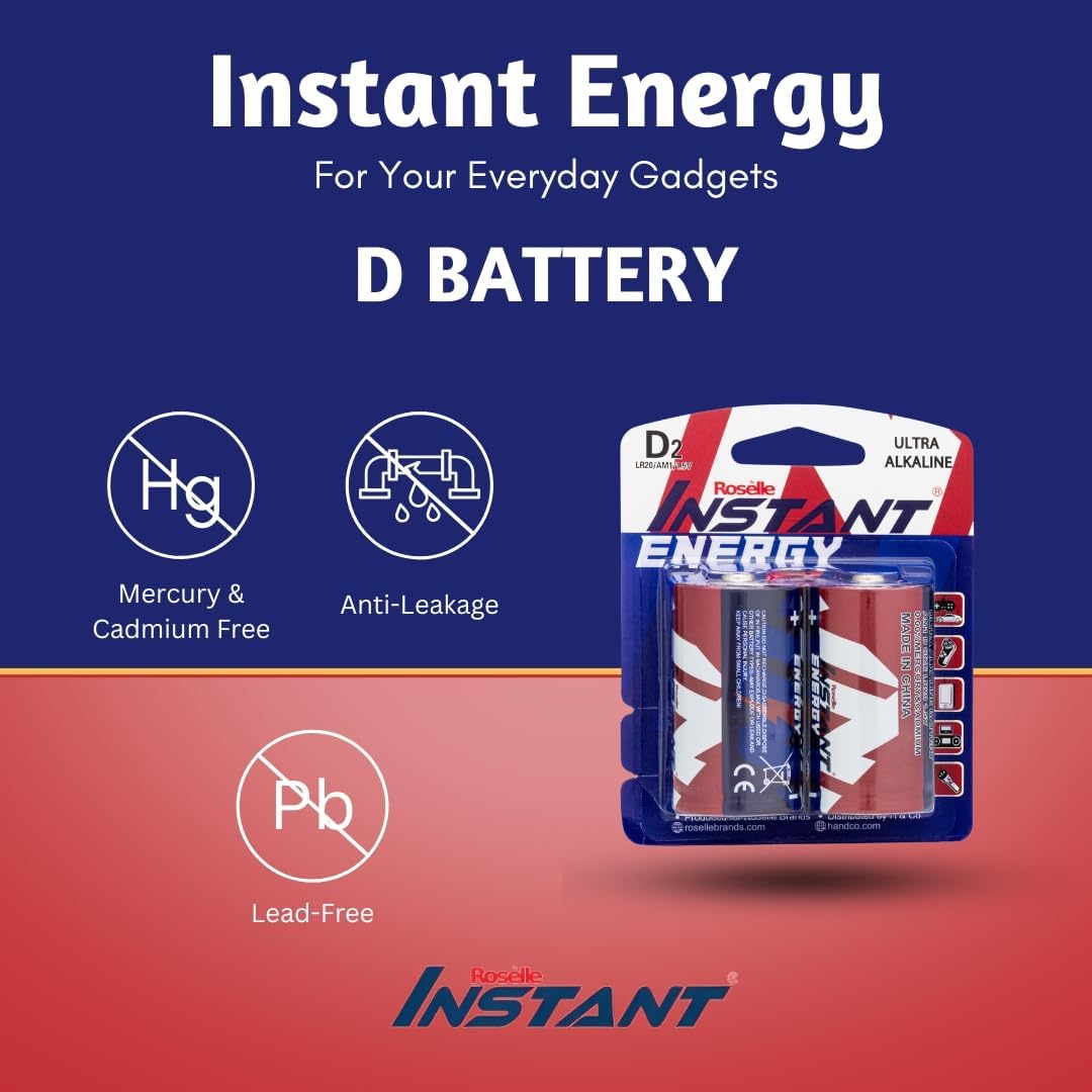 Roselle Instant Energy Ultra Alkaline D Size Batteries (4 Pack), LR20/AM1/1.5V