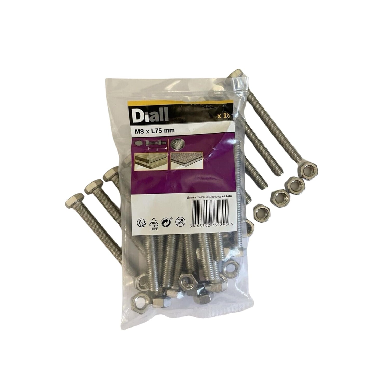 Diall A2 Stainless Steel Screws, M8 x 75mm, Pack of 10