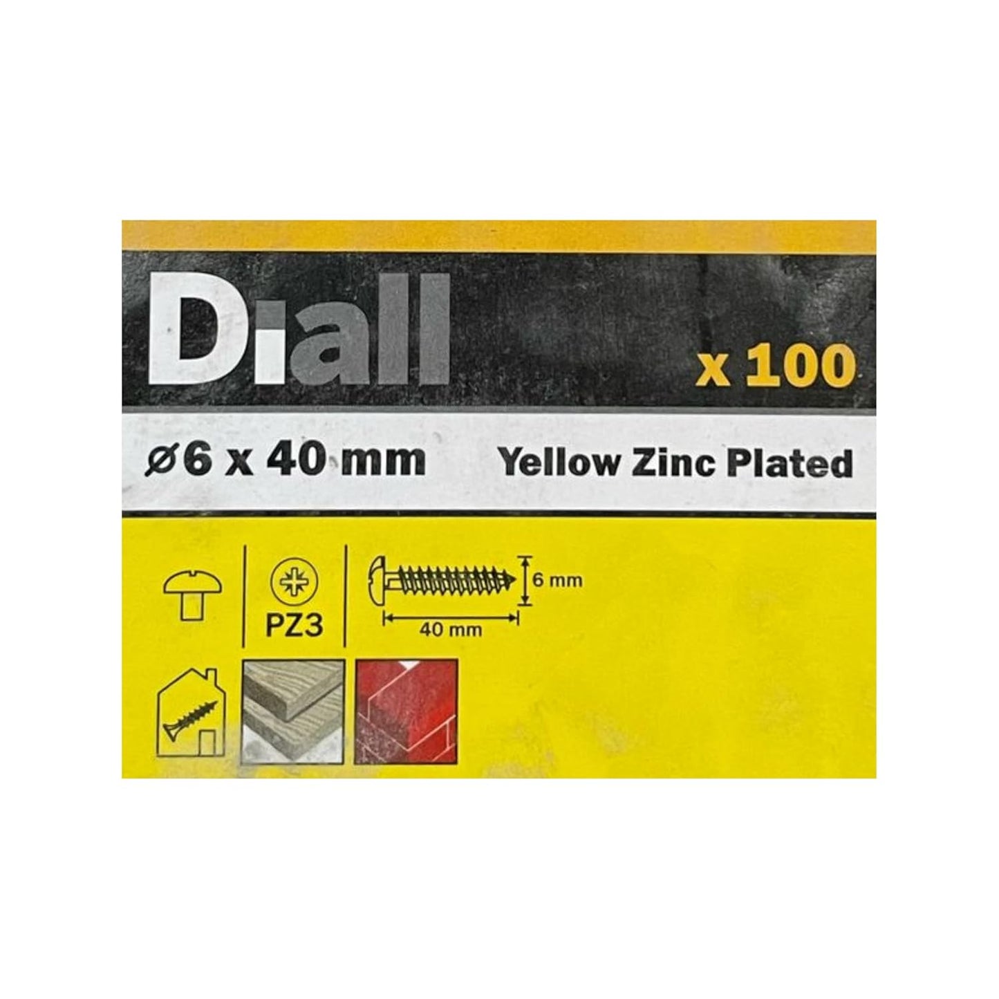 Diall Yellow Zinc Plated PZ3 Screws, 6mm x 40mm, Pack Of 100