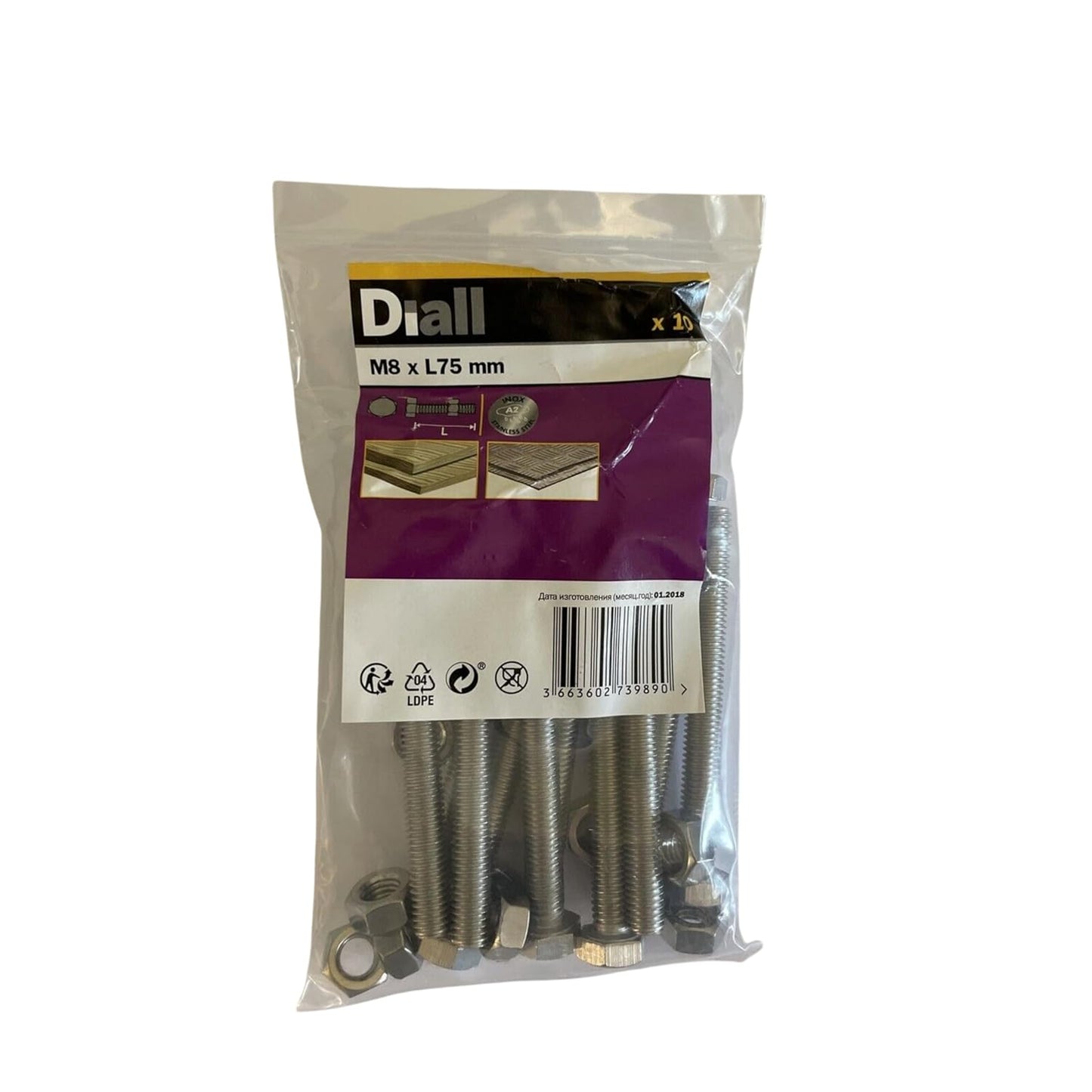 Diall A2 Stainless Steel Screws, M8 x 75mm, Pack of 10