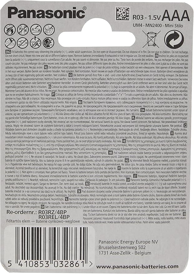 Panasonic AAA Zinc Carbon R6 - 1.5 V Batteries MN2400 (Pack of 4)