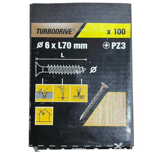 Turbodrive PZ3 Carbon Steel Wood Screws, 6mm x 70mm, Pack of 100
