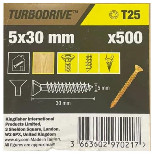 Turbodrive Wood Screws T25 (Dia) 5 x (L) 30 mm - Pack of 500