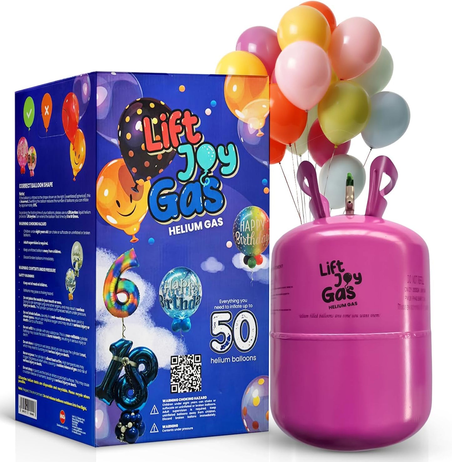 Lift Joy Helium Gas Canister, Fills upto 50 x 9" Latex Balloons, with 50 assorted colour balloons included