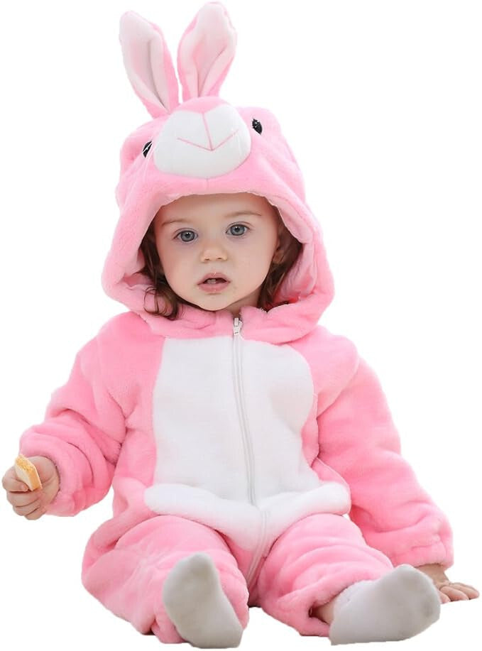 Newborn Winter Hooded Romper Zip-up Flannel Rabbit Animal Baby Jumpsuit Unisex
