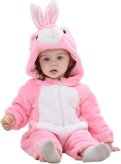 Newborn Winter Hooded Romper Zip-up Flannel Rabbit Animal Baby Jumpsuit Unisex