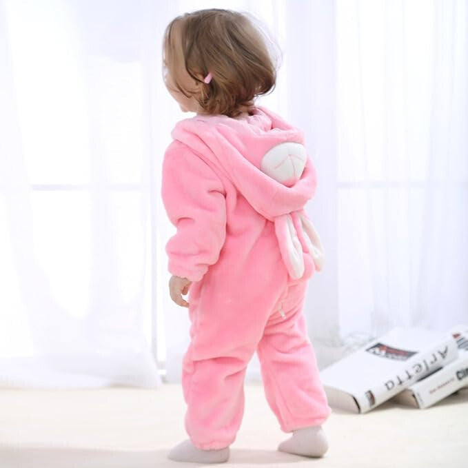 Newborn Winter Hooded Romper Zip-up Flannel Rabbit Animal Baby Jumpsuit Unisex