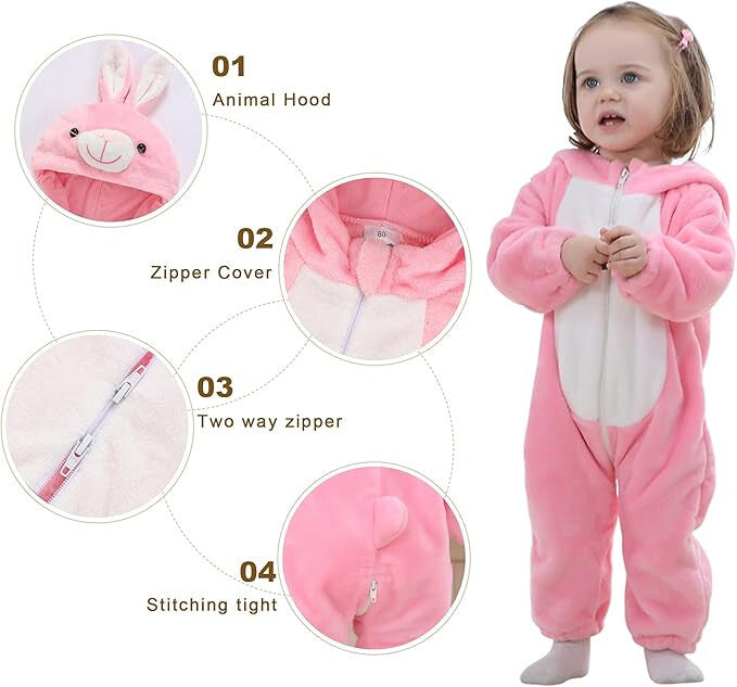 Newborn Winter Hooded Romper Zip-up Flannel Rabbit Animal Baby Jumpsuit Unisex