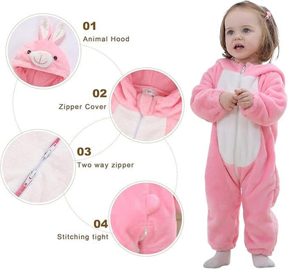 Newborn Winter Hooded Romper Zip-up Flannel Rabbit Animal Baby Jumpsuit Unisex