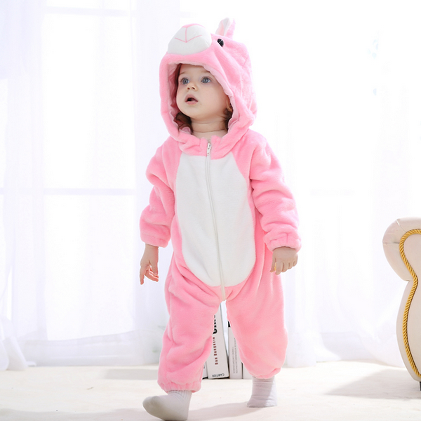 Newborn Winter Hooded Romper Zip-up Flannel Rabbit Animal Baby Jumpsuit Unisex