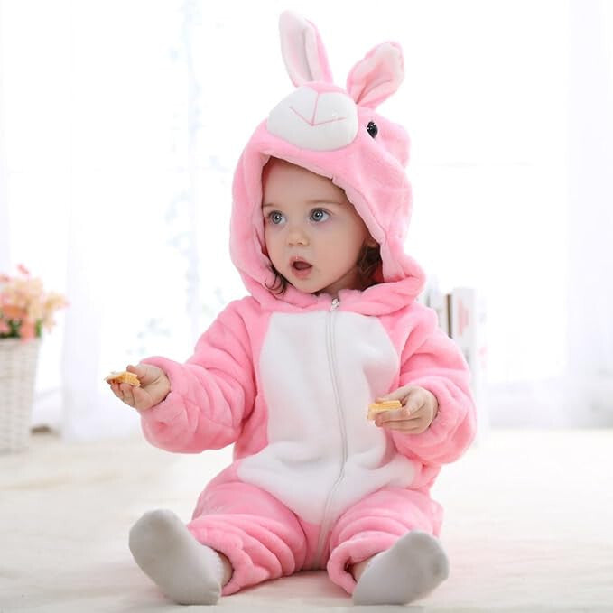 Newborn Winter Hooded Romper Zip-up Flannel Rabbit Animal Baby Jumpsuit Unisex