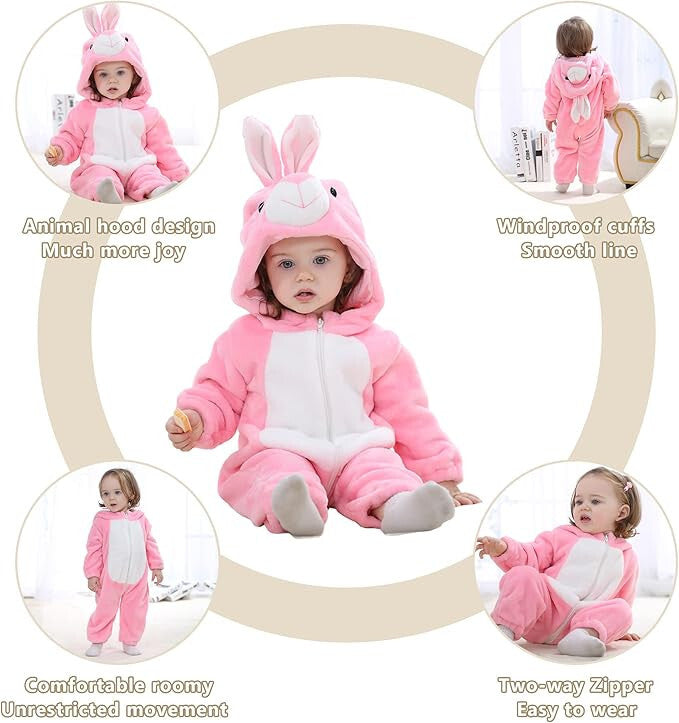 Newborn Winter Hooded Romper Zip-up Flannel Rabbit Animal Baby Jumpsuit Unisex