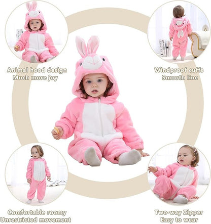 Newborn Winter Hooded Romper Zip-up Flannel Rabbit Animal Baby Jumpsuit Unisex
