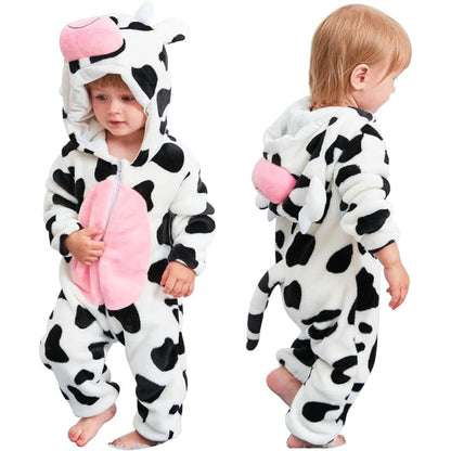 Winter Cow Animal Flannel Toddler Hooded Zipper Romper Jumpsuit for Boys/Girls