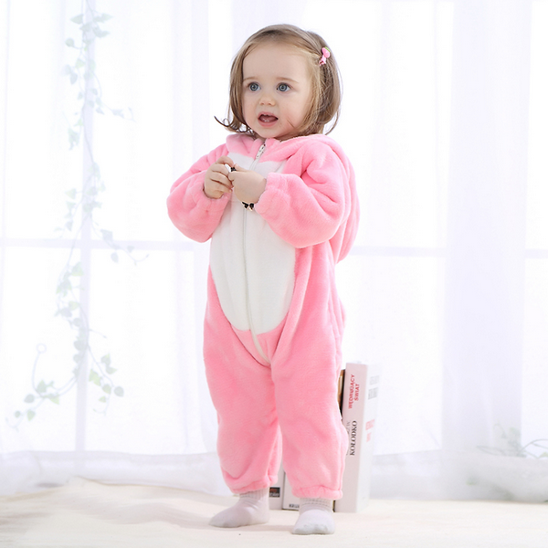Newborn Winter Hooded Romper Zip-up Flannel Rabbit Animal Baby Jumpsuit Unisex