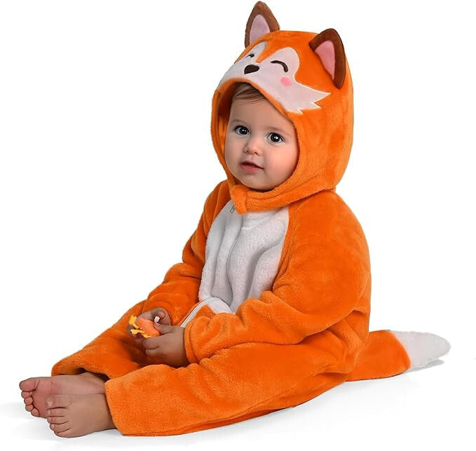 Soft Animal Fox Zip-up Romper Hooded Jumpsuit Costume for Babies (Unisex)