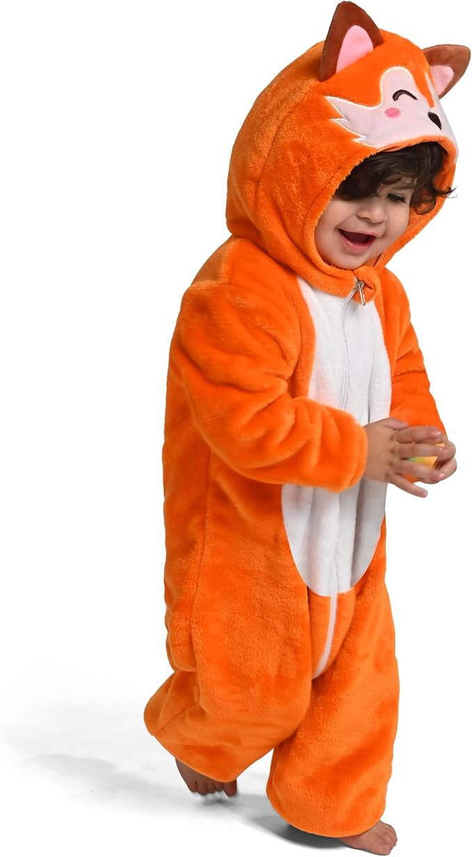 Soft Animal Fox Zip-up Romper Hooded Jumpsuit Costume for Babies (Unisex)