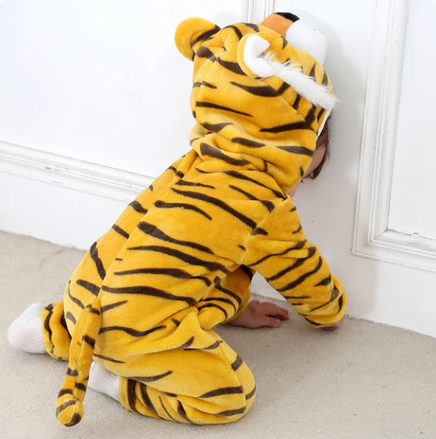 Stripe Fannel Tiger Baby Hooded Zip-up Animal Jumpsuit For Boys/Girls