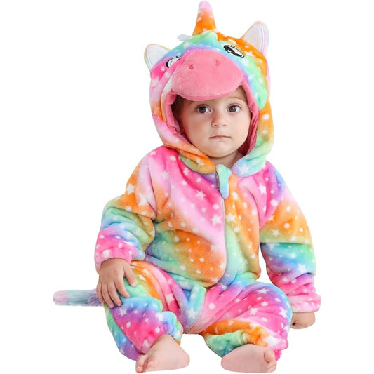 Unisex Winter Baby Hooded Romper Animal Jumpsuit Flannel Zip elastic leg closure