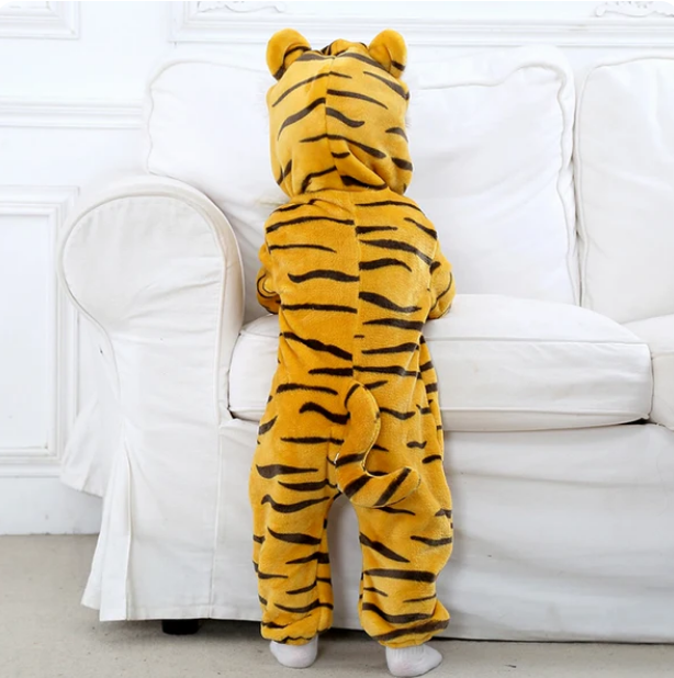 Stripe Fannel Tiger Baby Hooded Zip-up Animal Jumpsuit For Boys/Girls