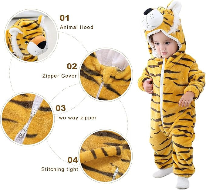 Stripe Fannel Tiger Baby Hooded Zip-up Animal Jumpsuit For Boys/Girls