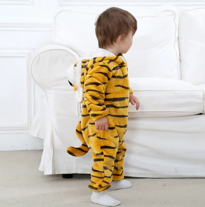 Stripe Fannel Tiger Baby Hooded Zip-up Animal Jumpsuit For Boys/Girls