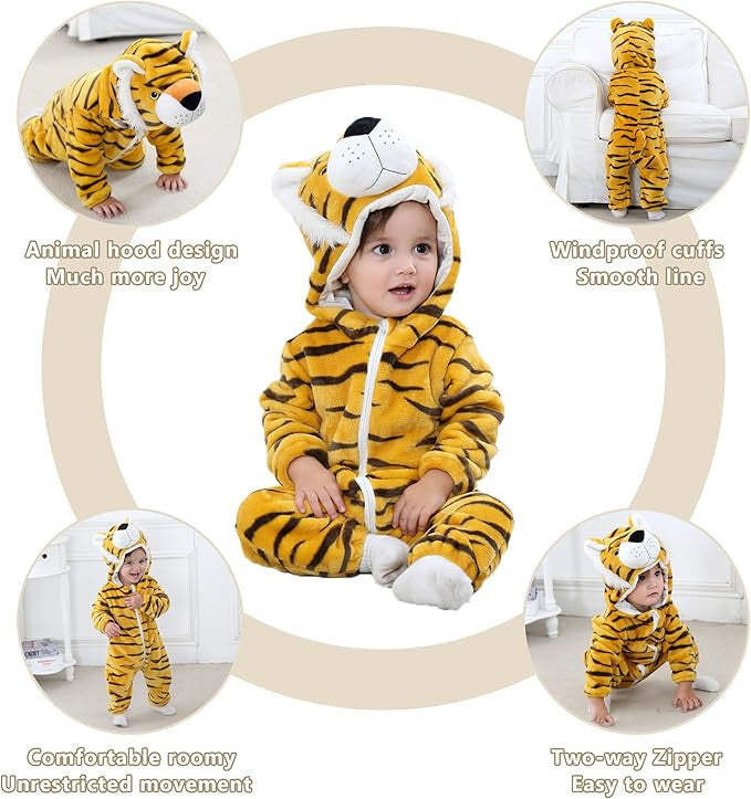 Stripe Fannel Tiger Baby Hooded Zip-up Animal Jumpsuit For Boys/Girls