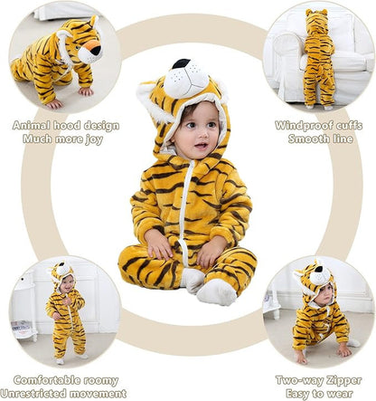 Stripe Fannel Tiger Baby Hooded Zip-up Animal Jumpsuit For Boys/Girls