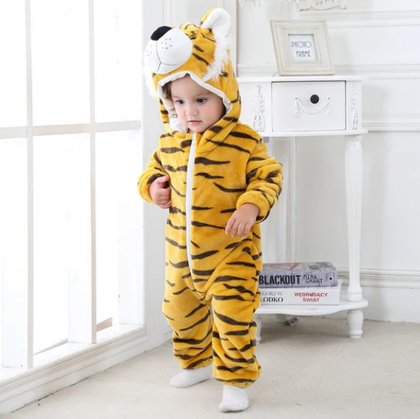 Stripe Fannel Tiger Baby Hooded Zip-up Animal Jumpsuit For Boys/Girls