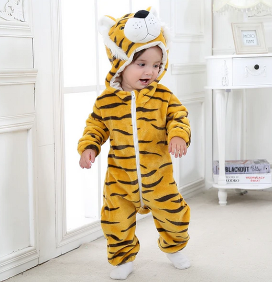 Stripe Fannel Tiger Baby Hooded Zip-up Animal Jumpsuit For Boys/Girls