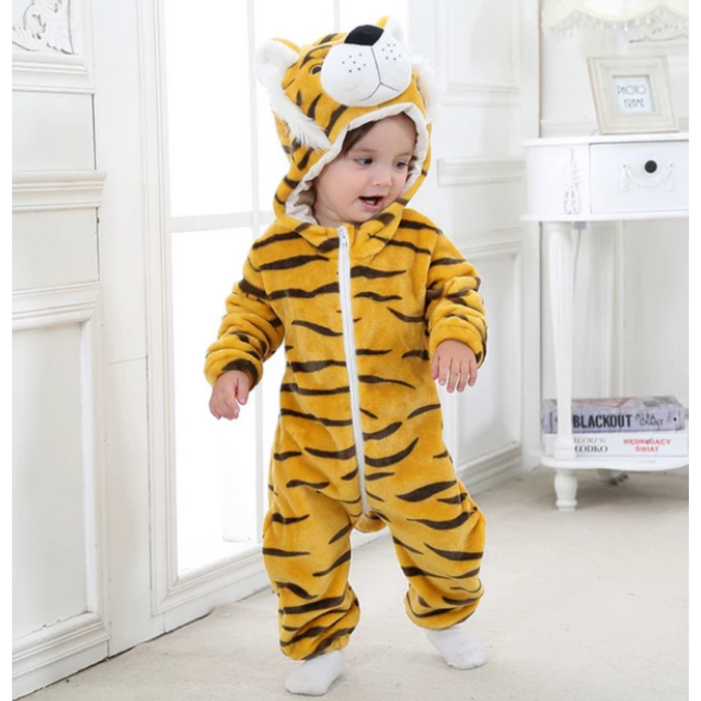 Stripe Fannel Tiger Baby Hooded Zip-up Animal Jumpsuit For Boys/Girls
