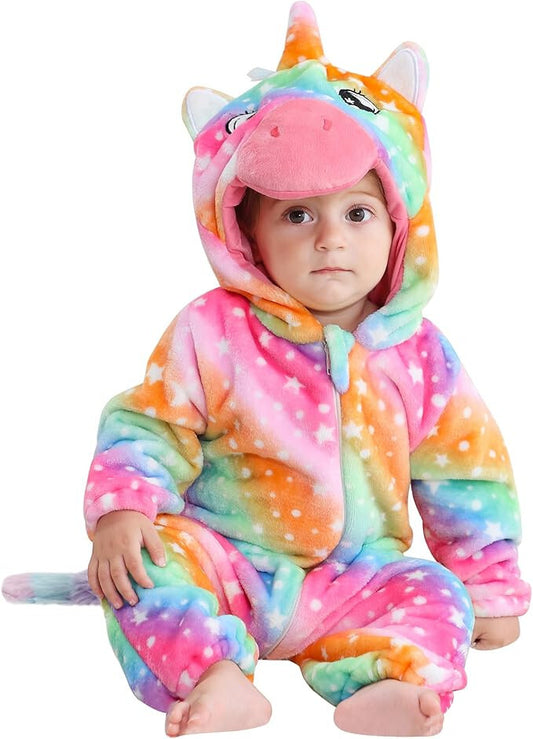 Unisex Winter Baby Hooded Romper Animal Jumpsuit Flannel Zip elastic leg closure