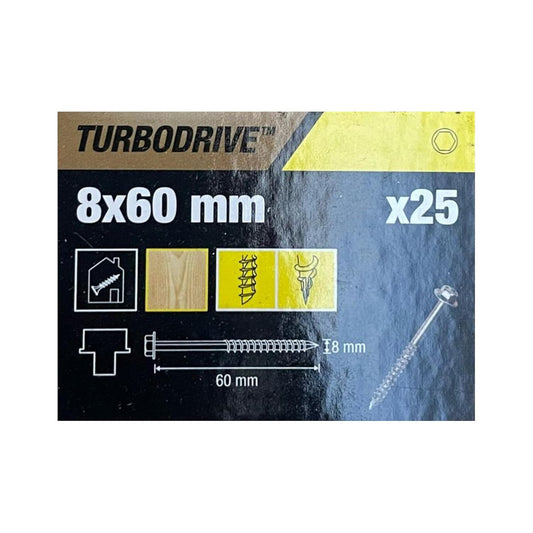 Turbodrive Wood Screws 8 mm Diameter x 60mm Length, Pack of 25