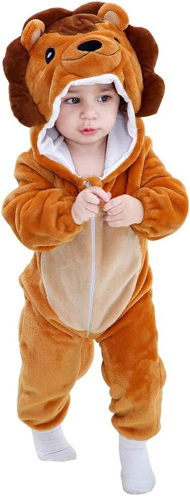 Winter Lion Animal Toddler Flannel One Piece Cosplay Hooded Zip Unisex Jumpsuit