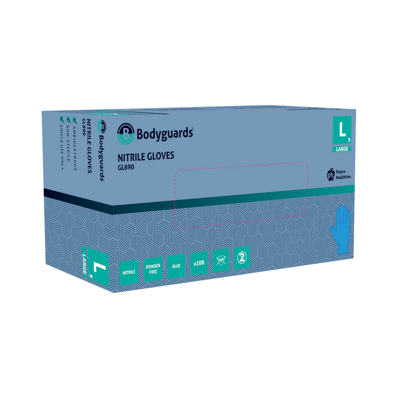 Polyco GL890 Bodyguards Blue Nitrile Disposable Gloves (Case of 100 Gloves)