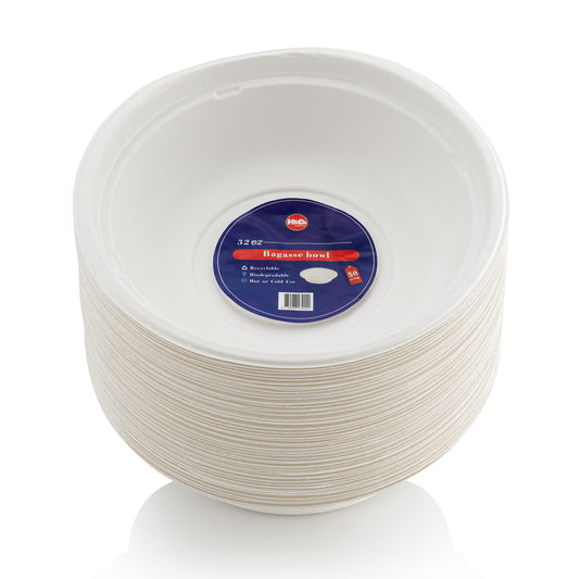 H&Co Bagasse Bowls, 20cm - 32 Oz, Bamboo Material, Heavy Duty, Pack of 50, Eco-Friendly, Hot or Cold Use