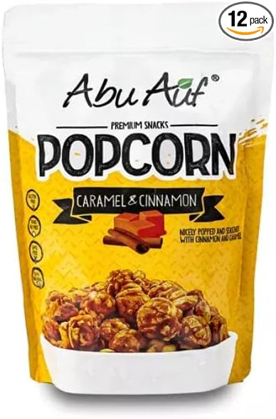Abu Auf Premium Snacks Caramel Popcorn Sweet Crunchy Delight, 12 Box Pack, 100g